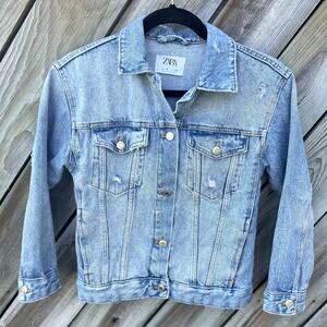 Zara Distressed Light Denim Jacket with Pockets, size 10